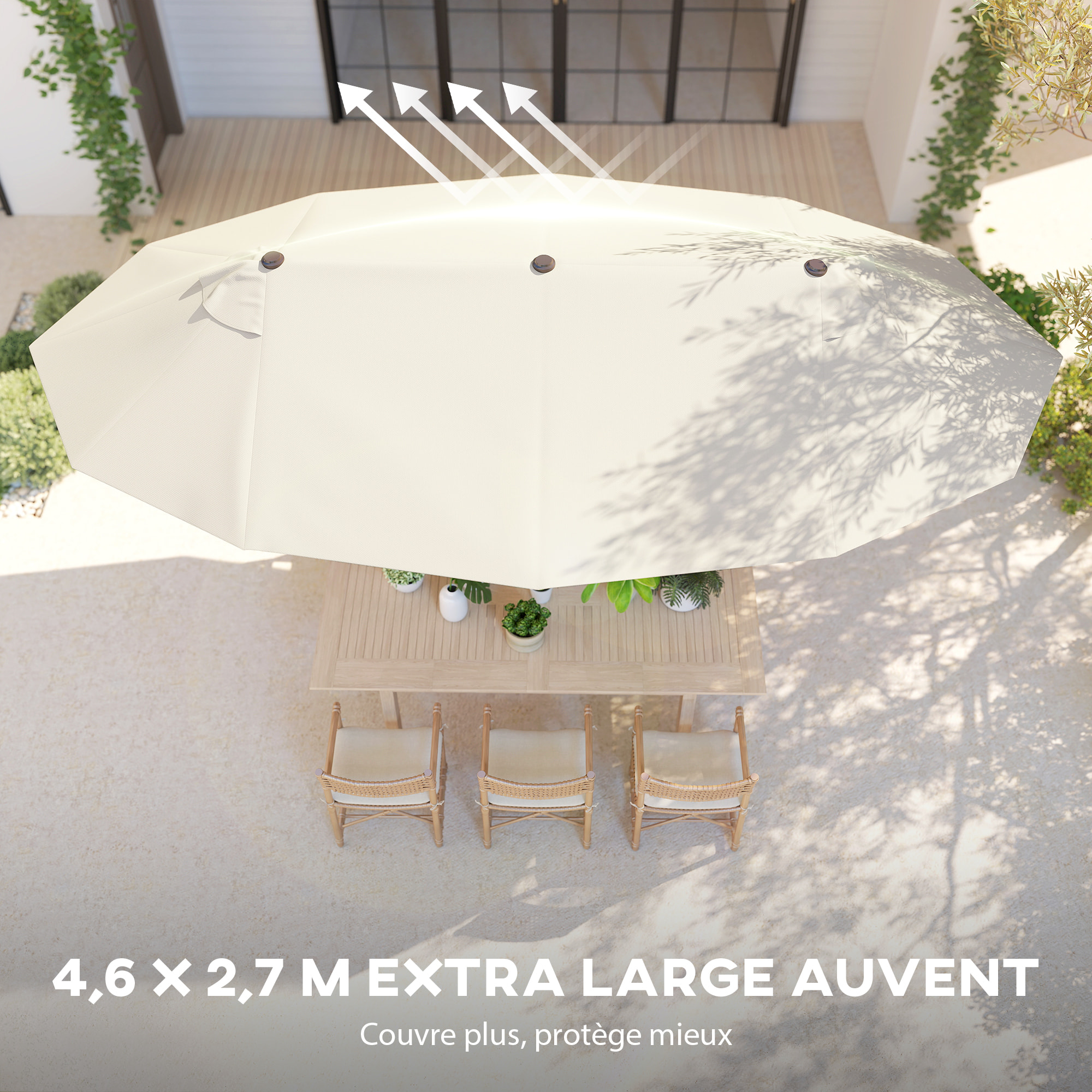 Parasol de jardin XXL parasol grande taille 4,6L x 2,7l x 2,4H m ouverture fermeture manivelle acier polyester haute densité crème