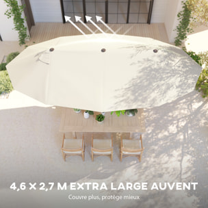 Parasol de jardin XXL parasol grande taille 4,6L x 2,7l x 2,4H m ouverture fermeture manivelle acier polyester haute densité crème