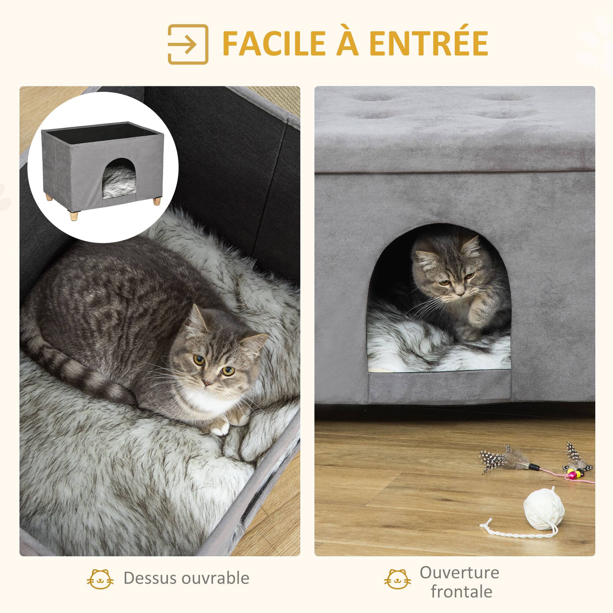 Niche chat maison de chat sur pied repose-pied 2 en 1 - coussin inclus - pliable - MDF peluche suédé gris