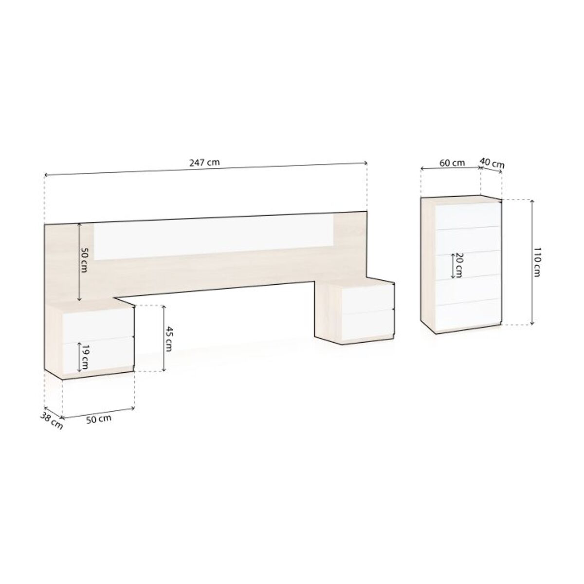 Dormitorio Akari 5C Blanco Artik (Blanco Mate) - Roble Canadian