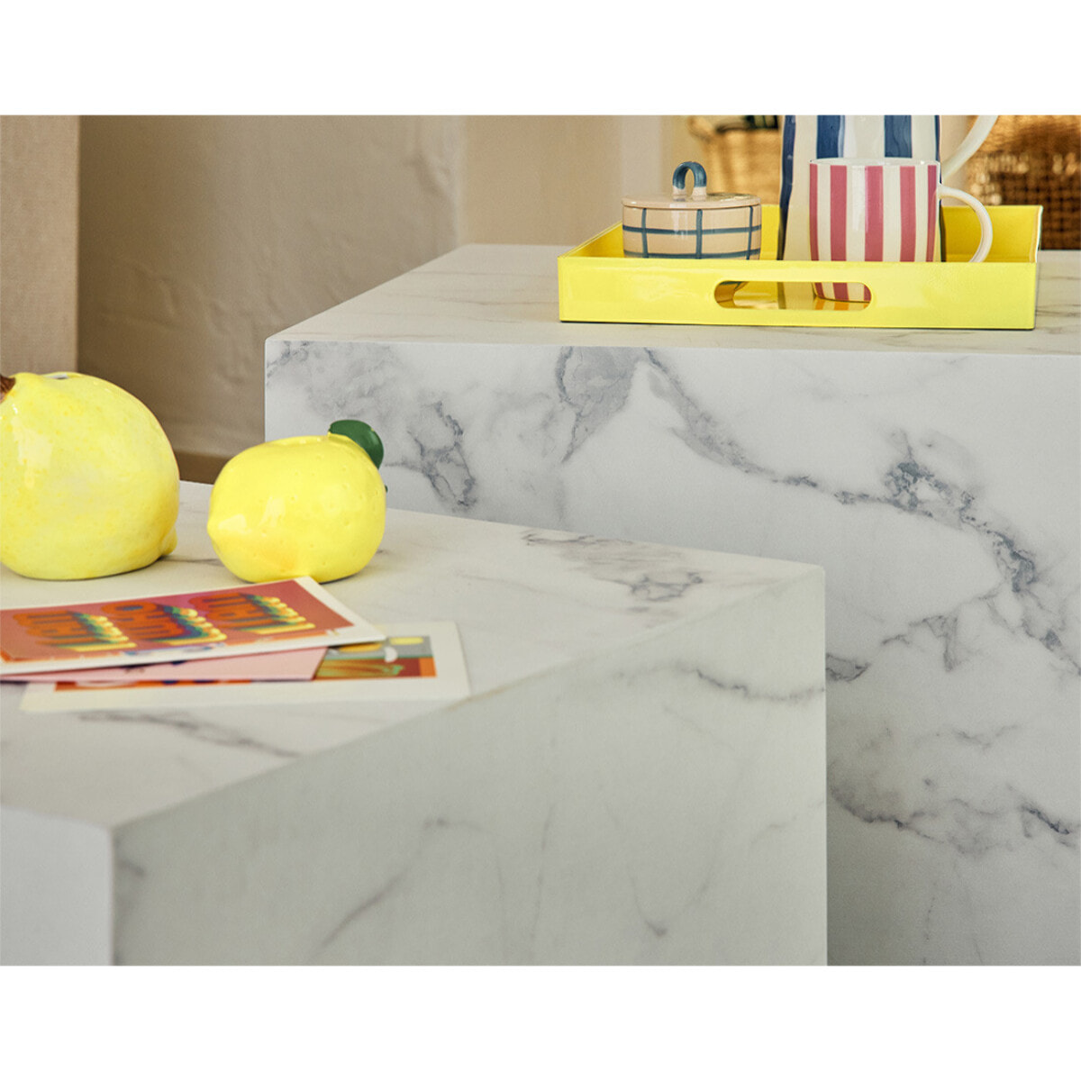 Fabio - lot de 2 tables basses - marbre blanc - Blanc