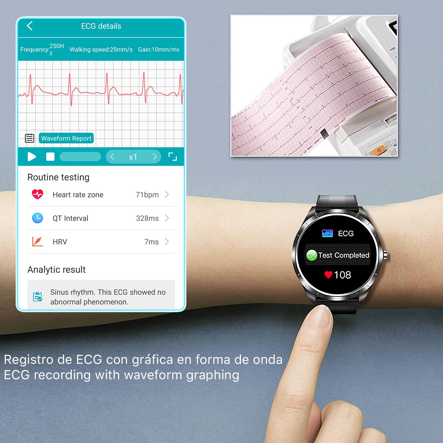 Smartwatch X3 con misuratore di pressione sanguigna e O2. Include fascia toracica. Rapporto HRV ed ECG 24 ore.