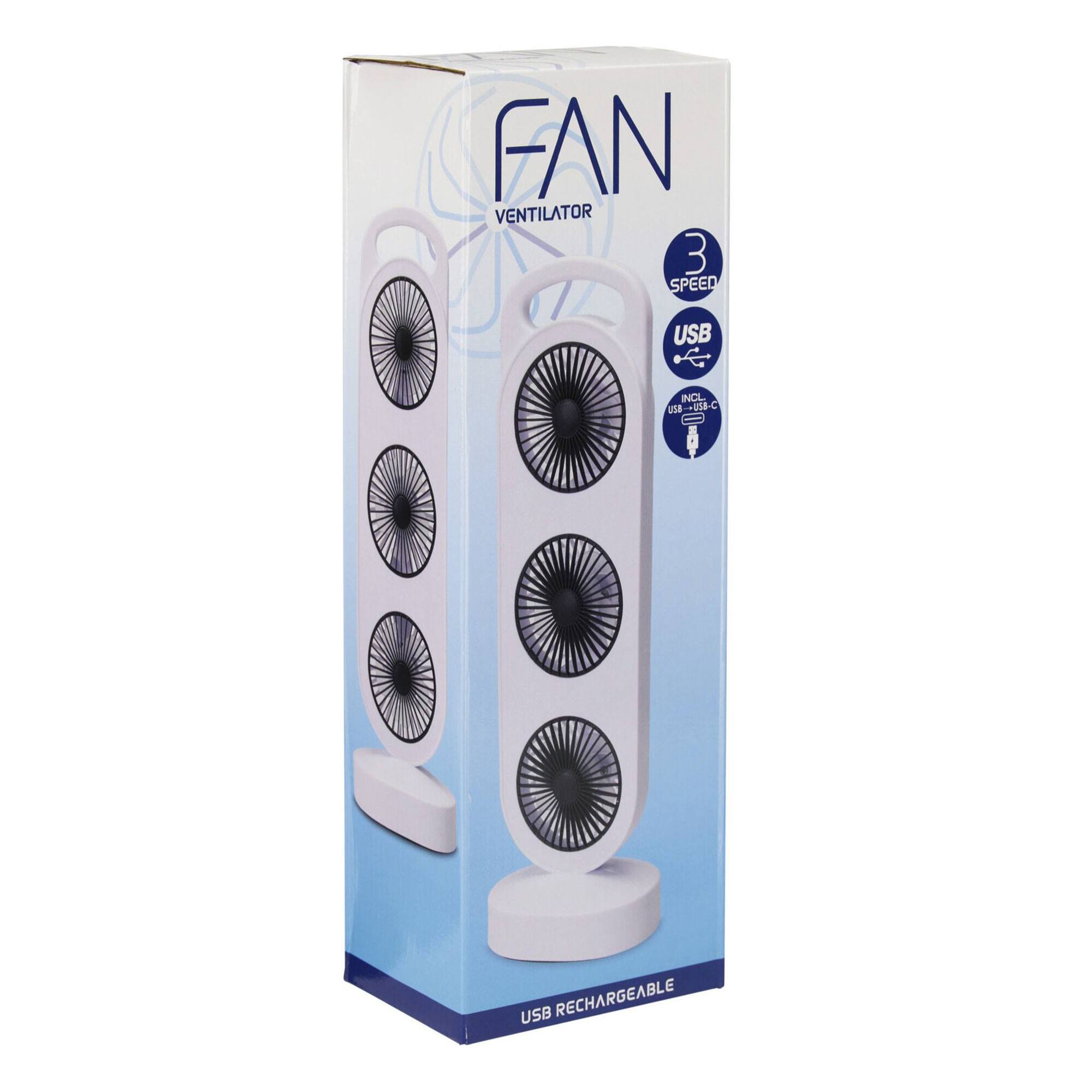 Ventilador USB, 3W, 3 velocidades, batería 1200mAh, blanco