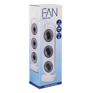 Ventilador USB, 3W, 3 velocidades, batería 1200mAh, blanco