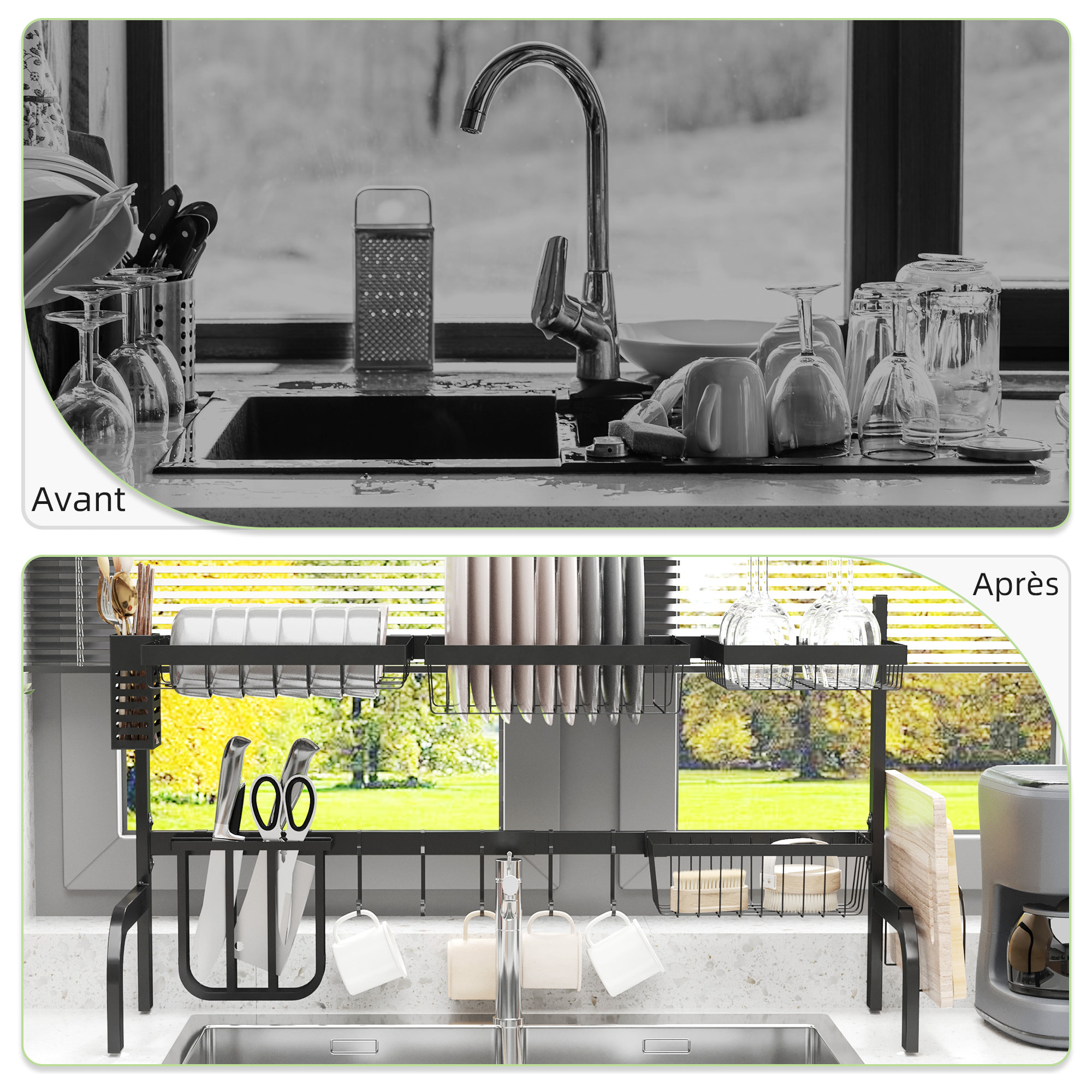 Égouttoir à vaiselle réglable - organiseur d'évier - 8 espaces de séchage - pieds ventouses - acier époxy noir