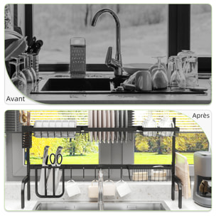Égouttoir à vaiselle réglable - organiseur d'évier - 8 espaces de séchage - pieds ventouses - acier époxy noir