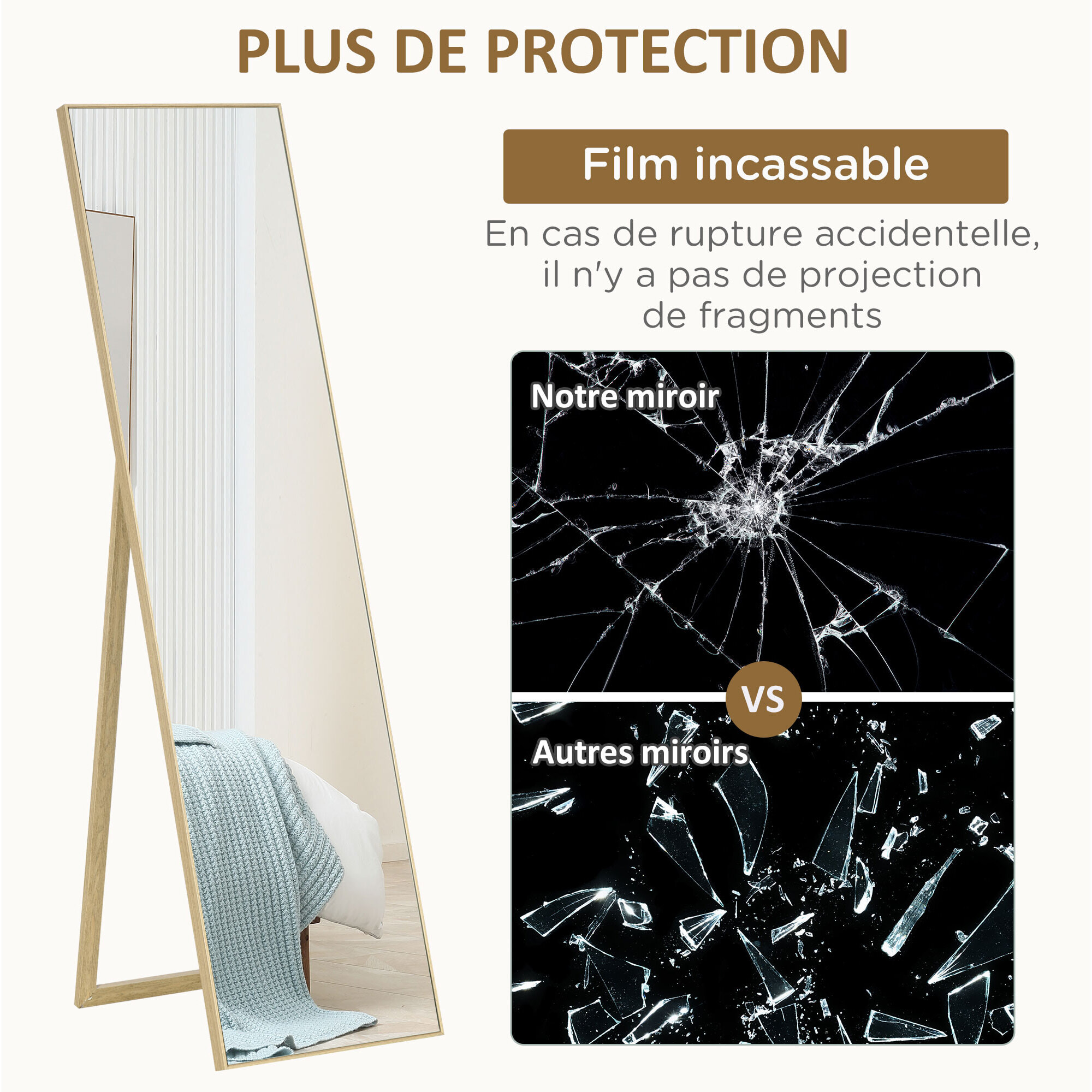 Miroir sur pied rectangulaire dim. 40L x 35l x 147H cm MDF aspect bois de chêne clair