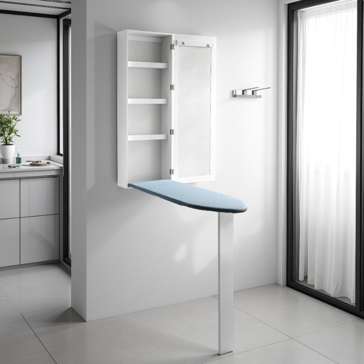 Accessoire mural avec planche à repasser Tomasucci PRATIKO, en MDF et verre, blanc, 40 × 18 × 120 cm
