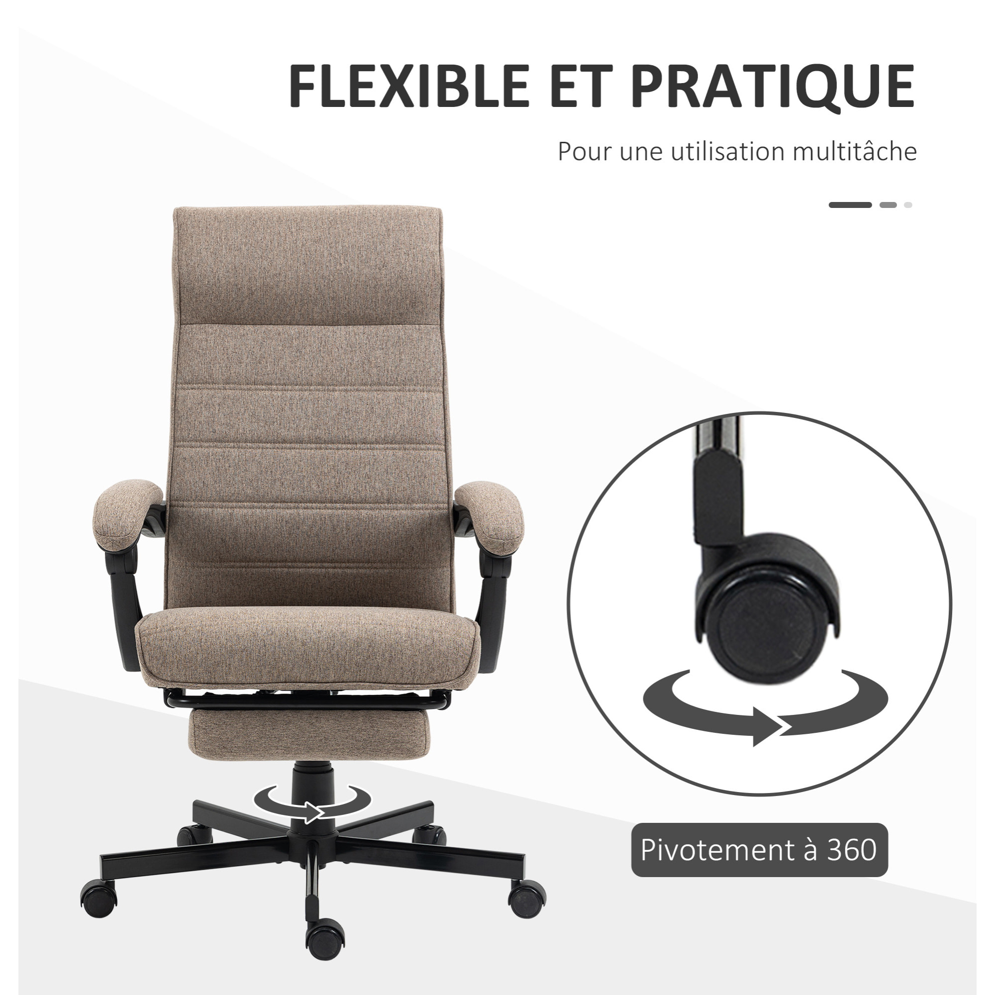 Chaise de bureau manager ergonomique inclinable réglable repose-pied rétractable tissu marron