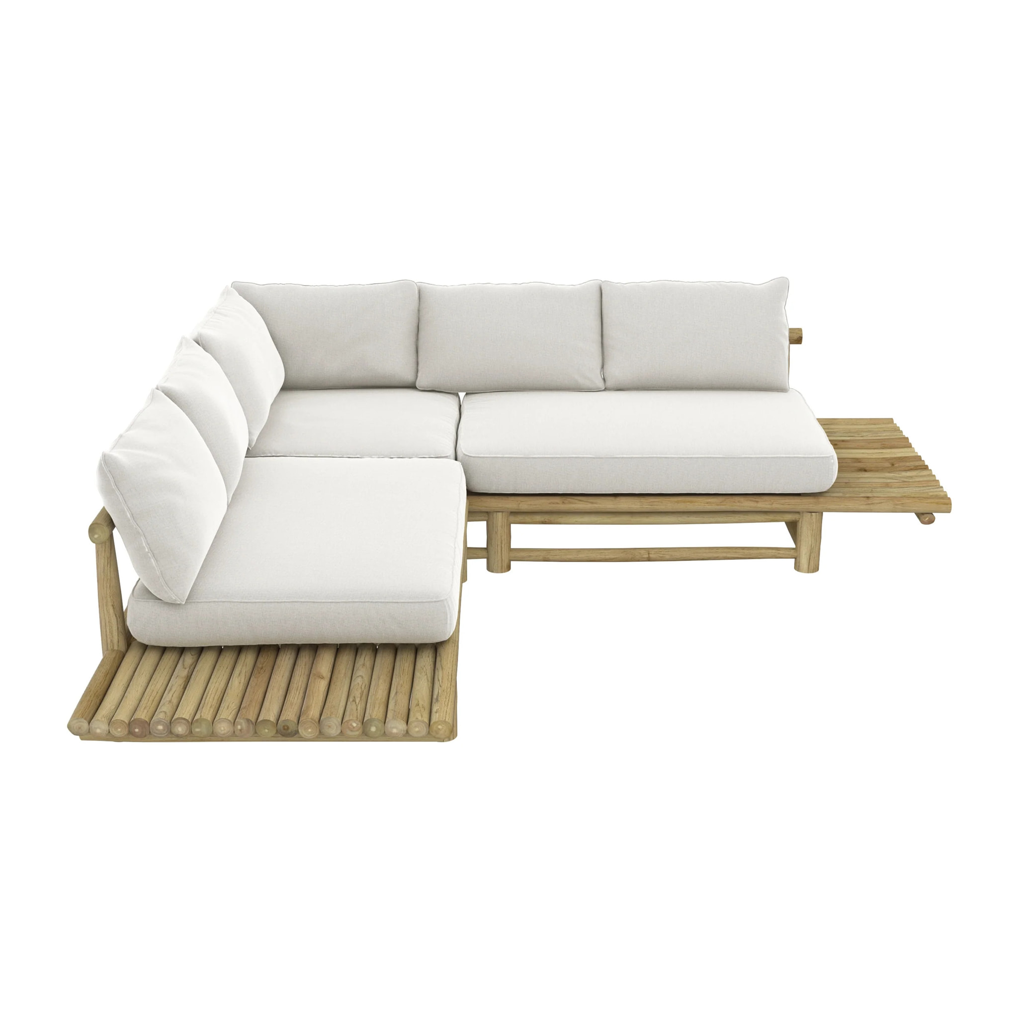 Canapé d'angle de jardin 4 places en teck et coussins blancs - Sunny