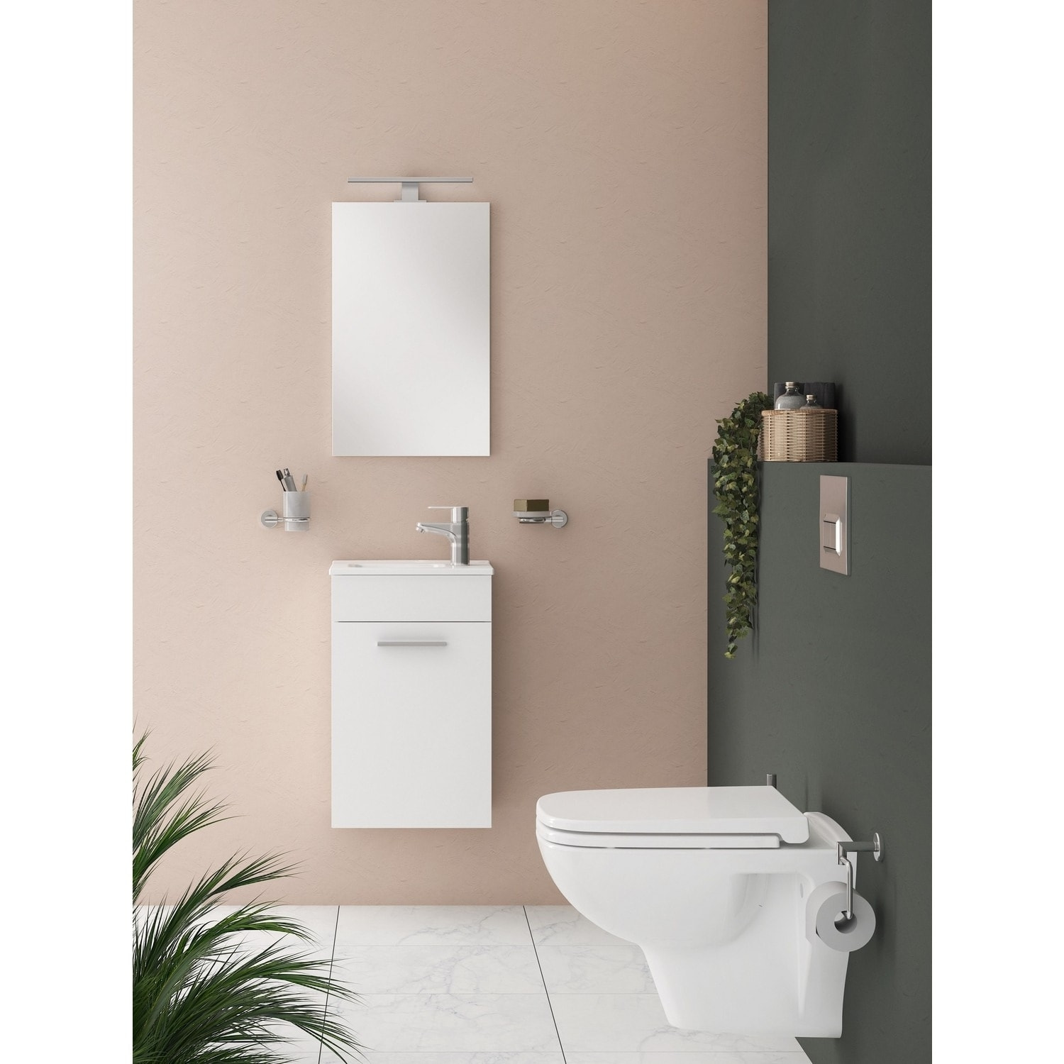 Mia ensemble meuble 39x61x28 cm avec miroir, lavabo et éclairage LED, Blanc brillant (MIASET40B)