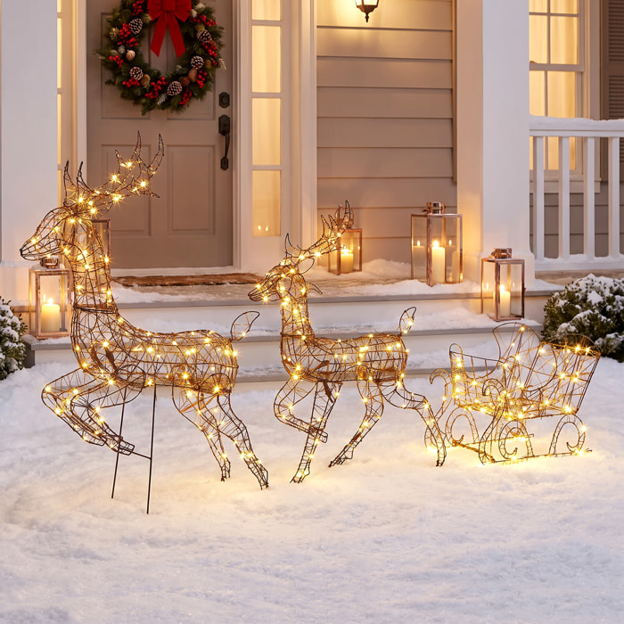 Outsunny Reno de Navidad Exterior con Trineo 3D de 3 Piezas de Ratán, Decoración Navidad Iluminada con 240 Luces LED Blanco Cálido, 8 Modos y Temporizador, 105 cm, para Interiores, Exteriores