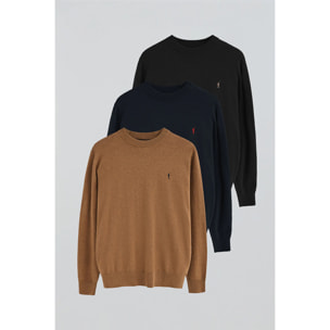 Pack uomo con tre maglioni in nero, blu marino e marrone vigorè in misto lana con ricamo Rigby Go