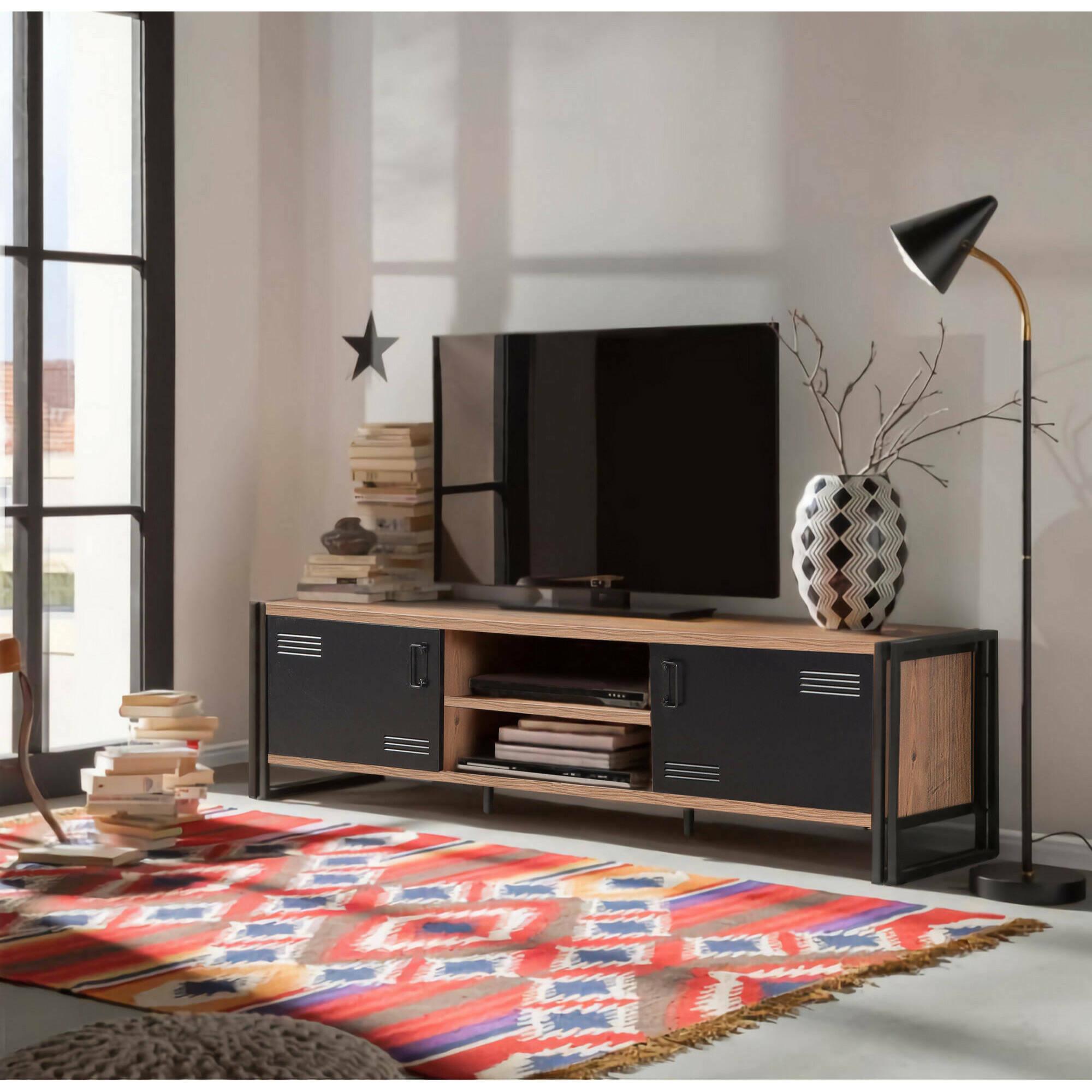 Mobile porta TV Dperott, Credenza da soggiorno, Armadio basso per TV, Base parete attrezzata, 180x45h50 cm, Quercia e Nero