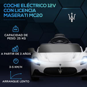 Coche Eléctrico para Niños de +3 Años con Licencia Maserati MC20 Carro Eléctrico Infantil con Batería 12V Mando a Distancia Faros Bocina Música y Pantalla Blanco