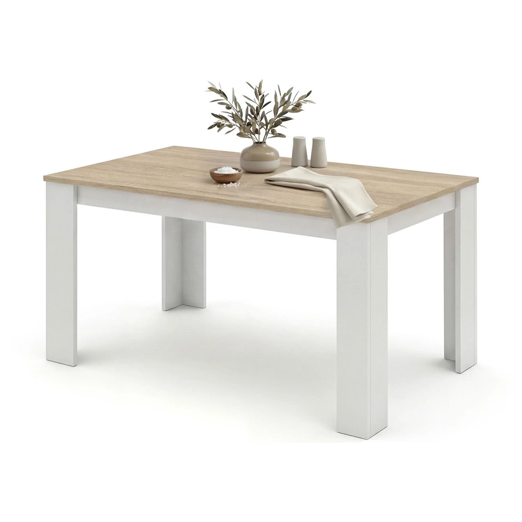 Mesa de comedor fija en blanco artik y roble canadian 140X80 cm Naya Blanco Artik (Blanco Mate) - Roble Canadian
