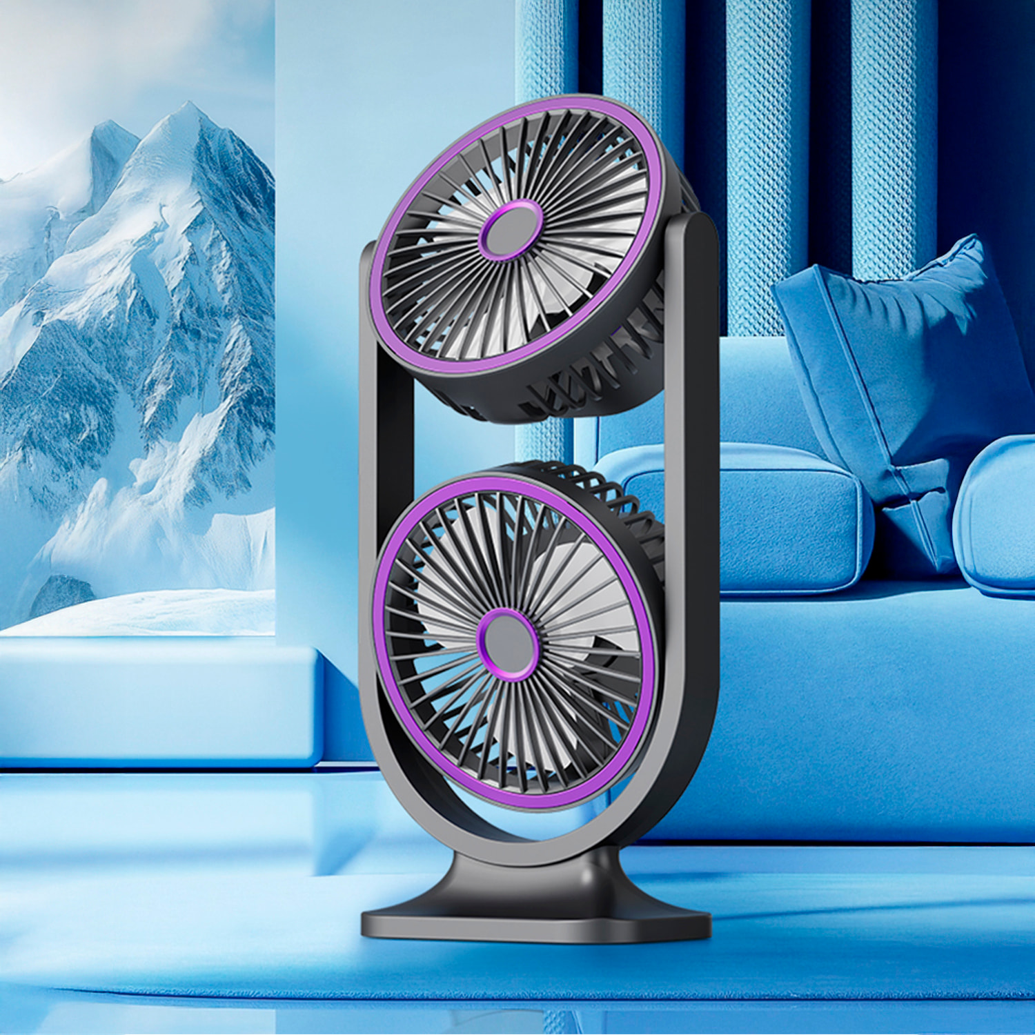 Ventilador doble de sobremesa con 5 velocidades y 3 intensidades de luz.