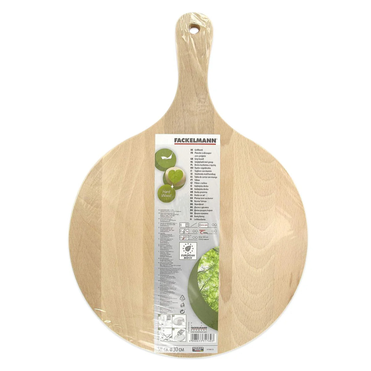 4 Planches à pizza et tarte flambée en bois 30 cm et Roulette à pizza en inox Fackelmann