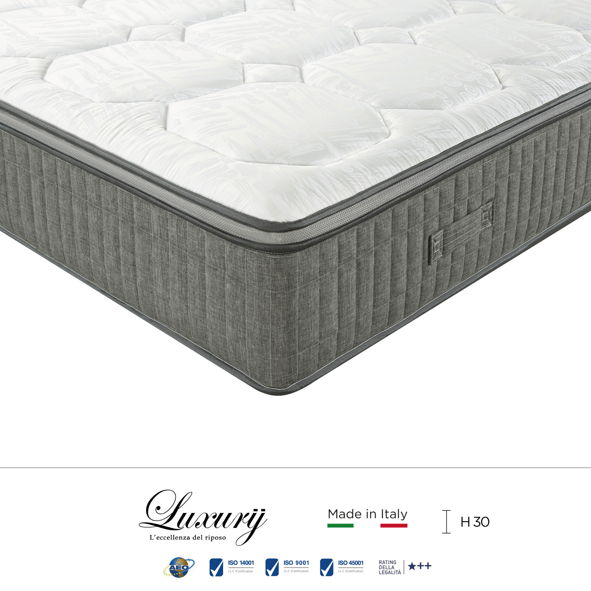 "Positano" H30 cm 160x190 coppia guanciali Memory OMAGGIO a molle insacchettate e 4cm memory Gel