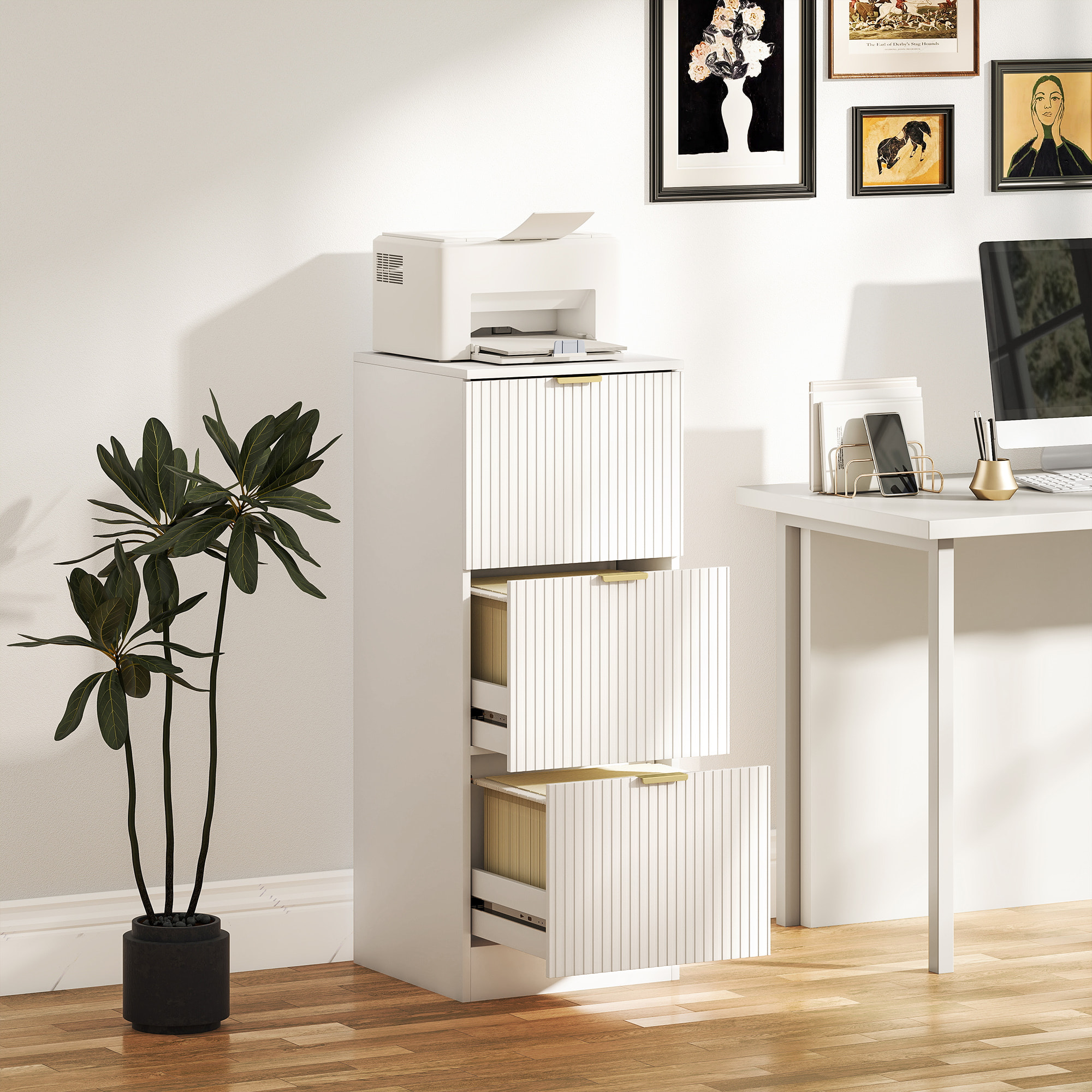 Cajonera de Oficina con 3 Cajones Cajonera de Escritorio con Frentes Acanalados Mueble Archivador para Tamaño A4 o Carta para Estudio 40x40x101 cm Blanco