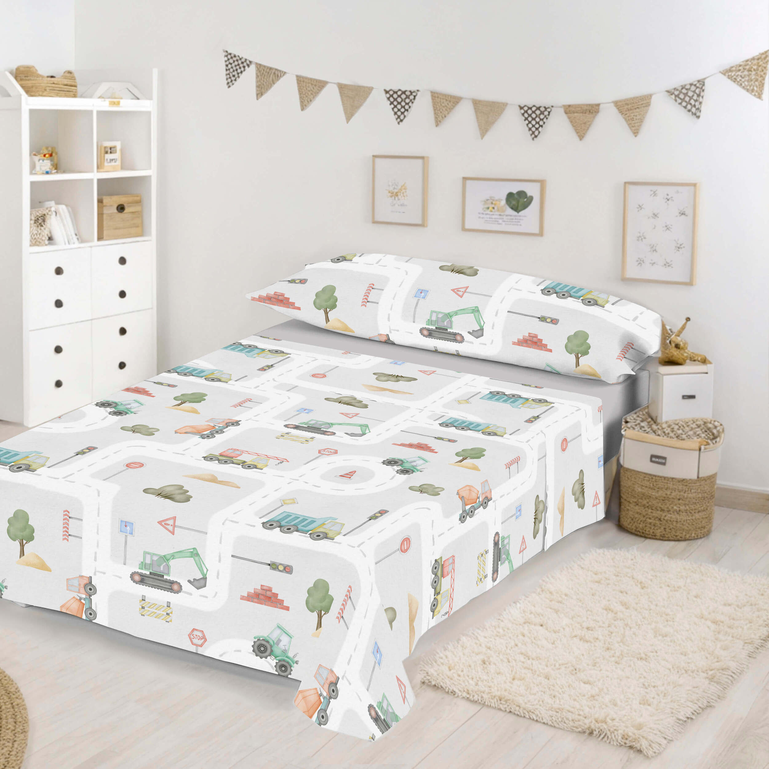 Cool Kids - Juego de Sábanas Estampadas - Infantil - Incluye 1 Funda de Almohada + 1 Sábana Bajera - 100% Algodón - Road