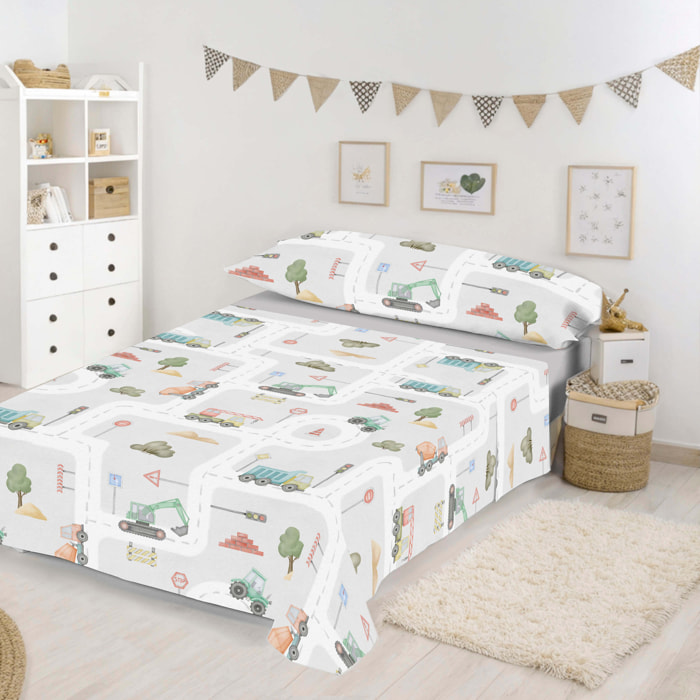 Cool Kids - Juego de Sábanas Estampadas - Infantil - Incluye 1 Funda de Almohada + 1 Sábana Bajera - 100% Algodón - Road