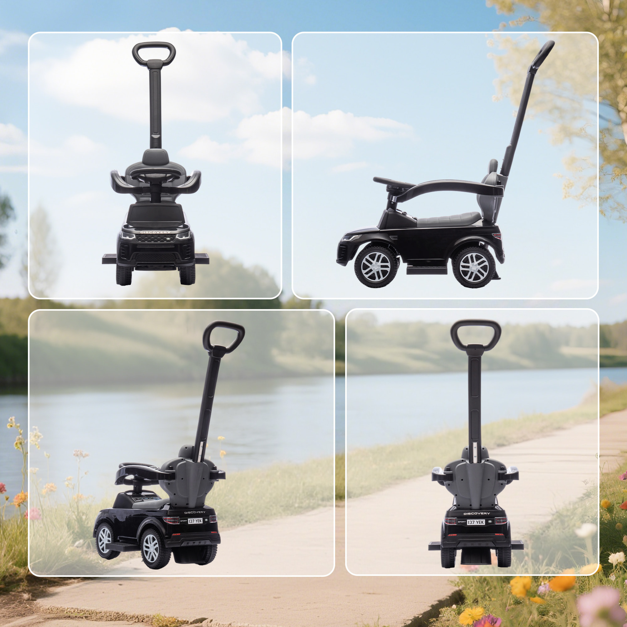 Coche Correpasillos 2 en 1 para Niños de 18-36 Meses LAND ROVER DISCOVERY, Correpasillos con Espacio de Almacenaje, Bocina, Volante, Mango de Empuje y Barandilla Extraíbles, Negro