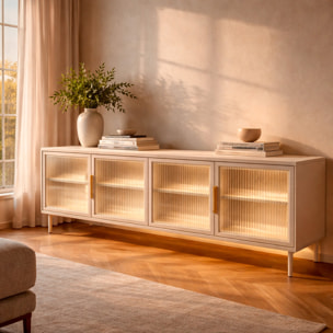 Mobile Tv elegante con 4 ante in vetro, ripiani interni e illuminazione LED integrata. Struttura resistente laminato 181.3 x 39.3 x 61.6 cm Cashmere