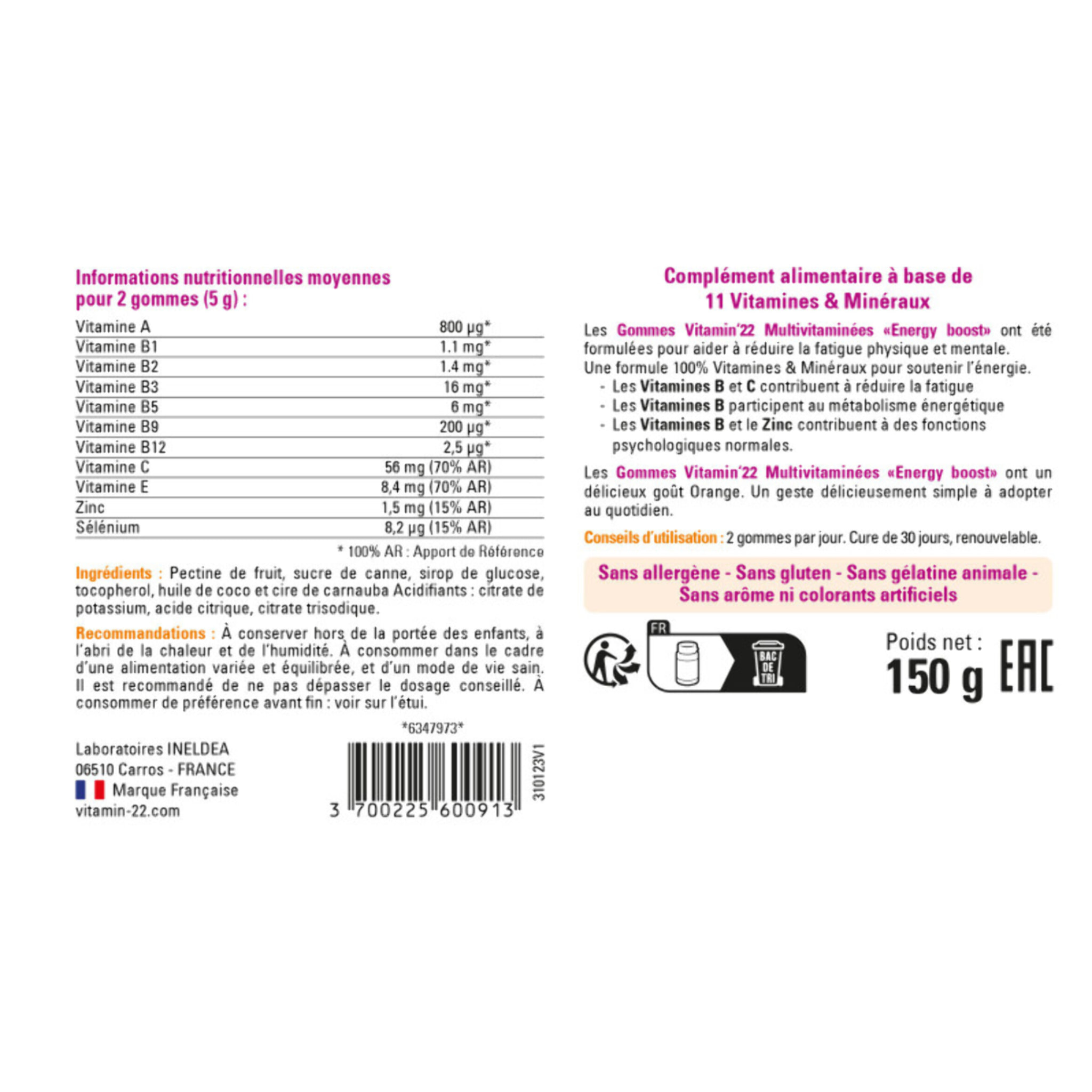 VITAMIN'22 - Gommes Multivitaminées "Energy Boost" - Complément alimentaire à base de 11 vitamines & minéraux - Tonus & Réduction de la fatigue - Goût orange - 60 gommes - Cure 30 jours
