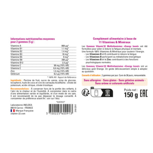 VITAMIN'22 - Gommes Multivitaminées "Energy Boost" - Complément alimentaire à base de 11 vitamines & minéraux - Tonus & Réduction de la fatigue - Goût orange - 60 gommes - Cure 30 jours