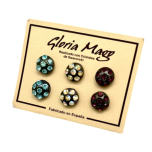 Pack 3 pares pendientes surtido1 botón multicristal SW plata 10µ en negro.