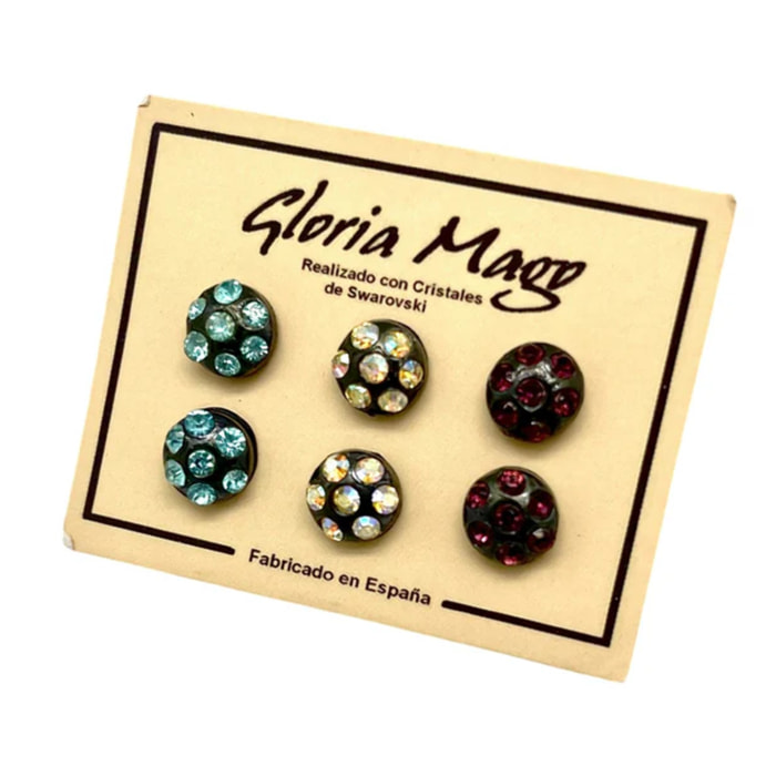 Pack 3 pares pendientes surtido1 botón multicristal SW plata 10µ en negro.