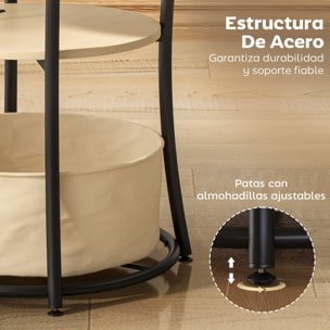 Mesa Auxiliar Redonda de 3 Niveles con Estación de Carga, Mesita Auxiliar Industrial con 2 Estantes Abiertos, Bolsa de Almacenaje, para Salón, Dormitorio, Librería, Ø50x55,1 cm, Madera Natural