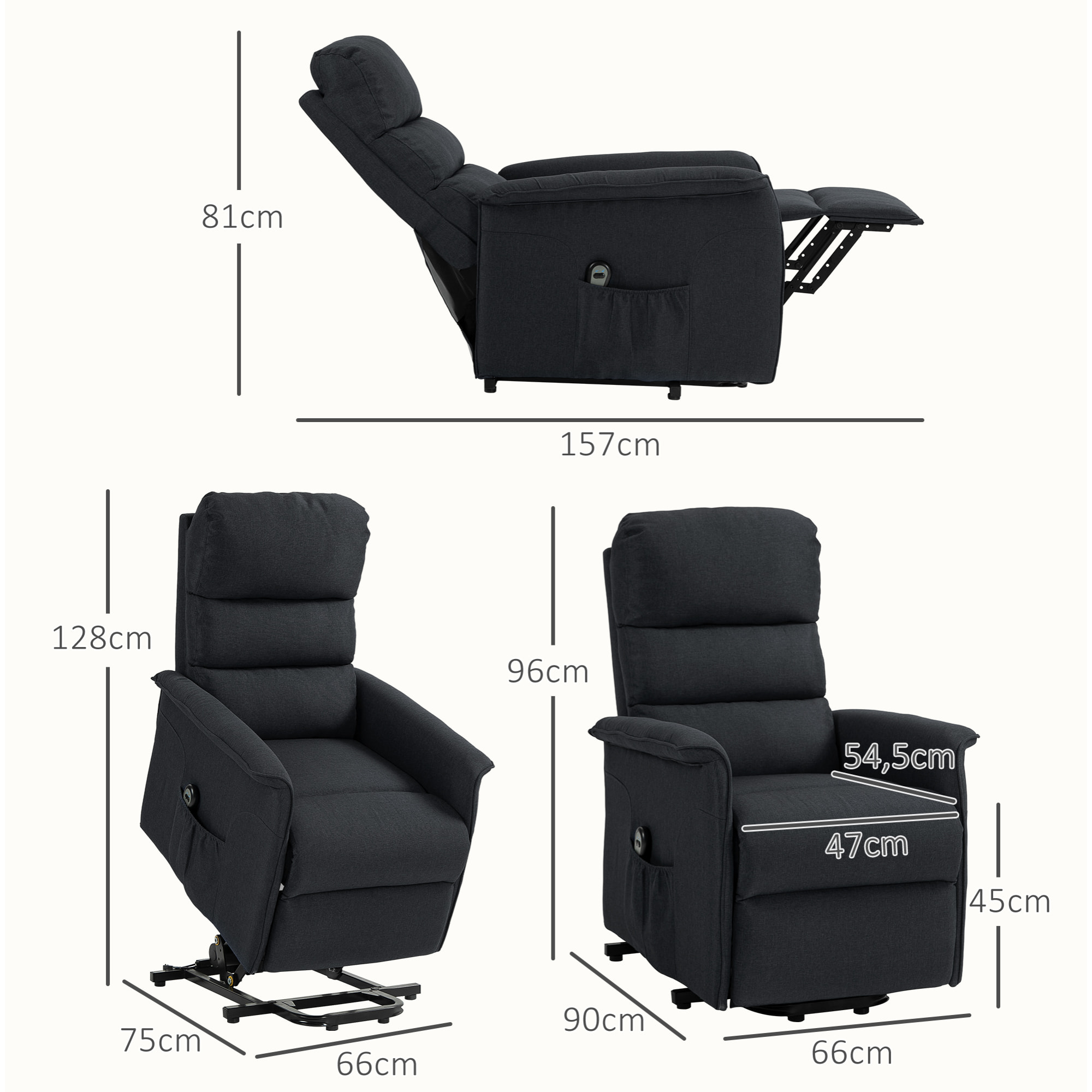 Sillón Relax Reclinable Eléctrico Levanta Personas, Sillón Elevador con Control Remoto, Reposapiés, Tapizado en Lino, Bolsillo Lateral, para Salón, Dormitorio, Negro