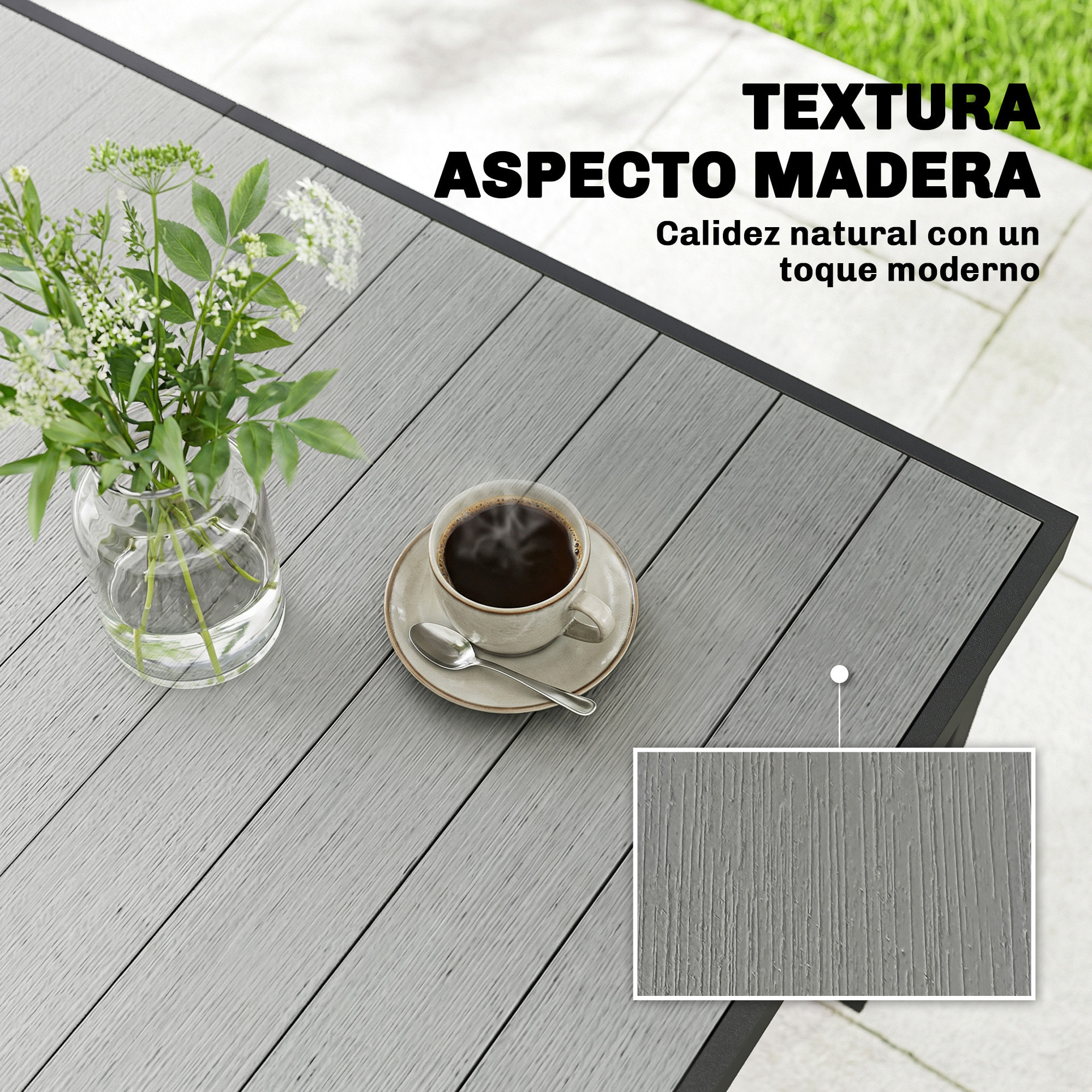 Mesa de Comedor de Jardín Rectangular, Mesa de Terraza Exterior 140x90x74 cm, con Estructura de Acero y Encimera Desmontable de WPC de Listones, Carga 50 kg, para Patio, Balcón, Gris