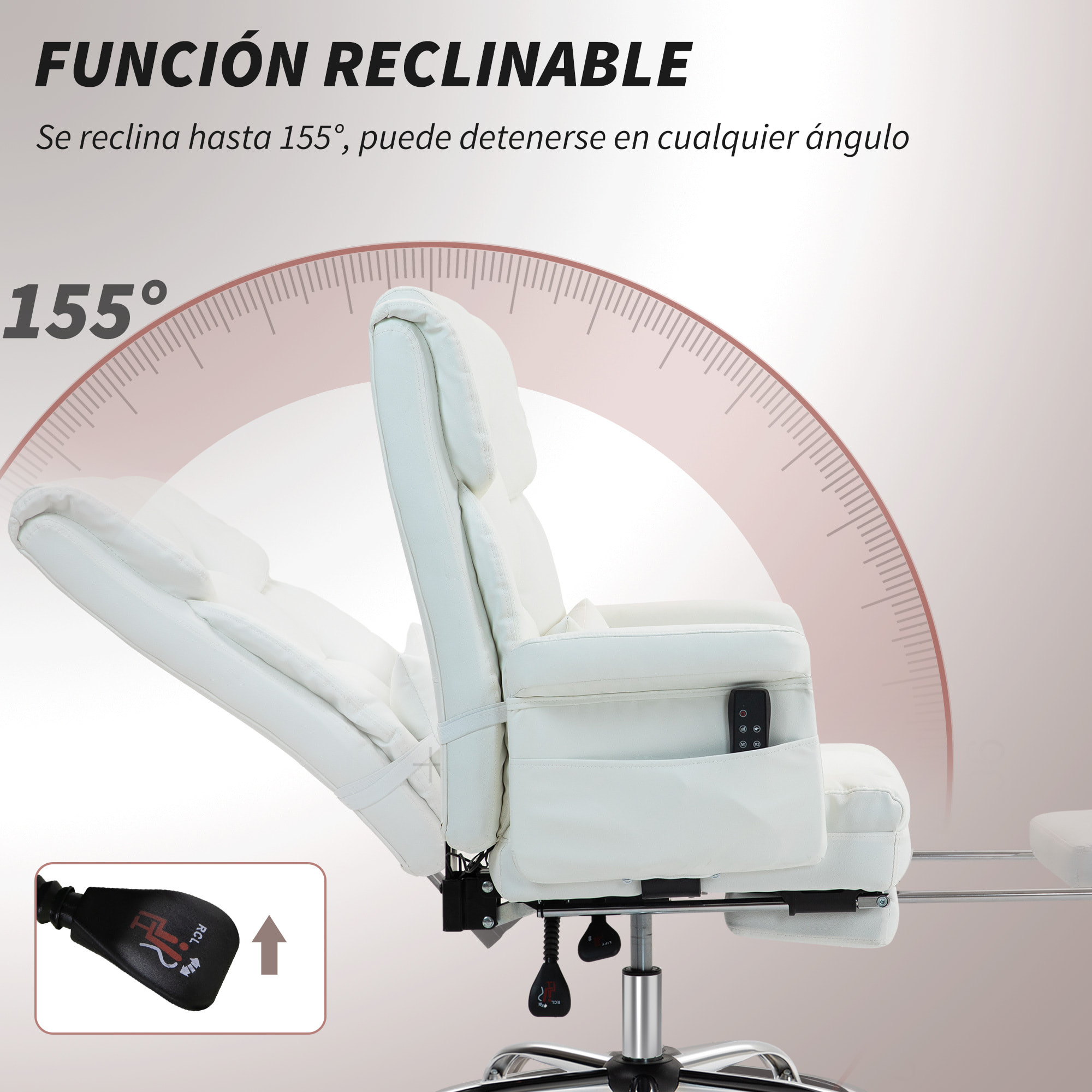 Silla de Oficina con 6 Puntos de Masaje Silla de Masaje Giratoria Silla de Escritorio con Reposapiés Retráctil Altura Ajustable Control Remoto y Soporte Lumbar Tejido de PU Blanco