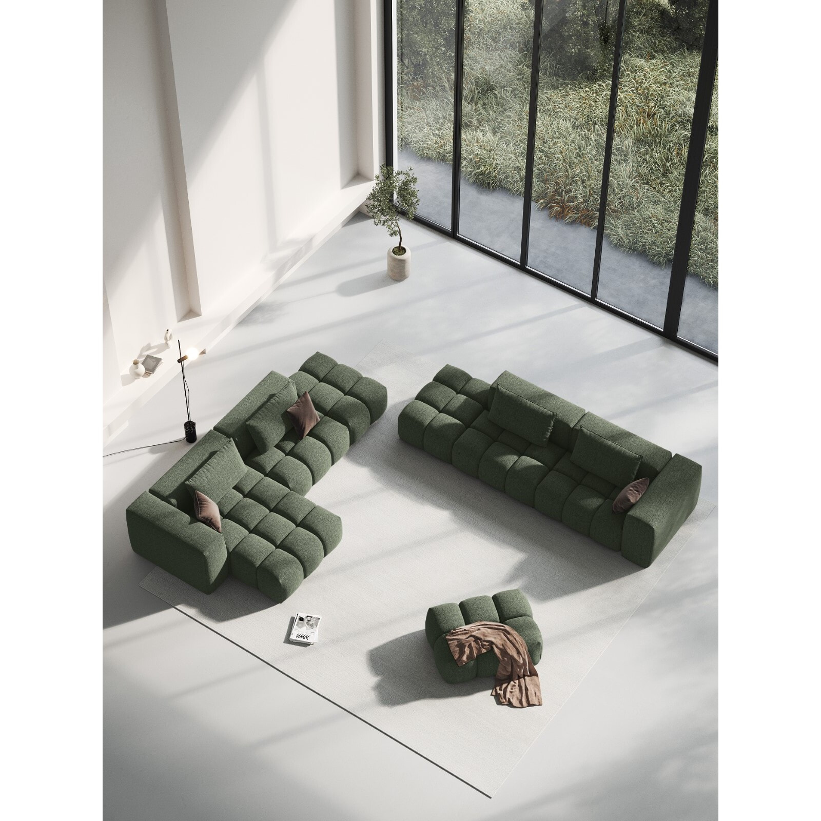 Canapé d'angle gauche modulable "Lorella" 4 places en tissu structurel vert olive foncé