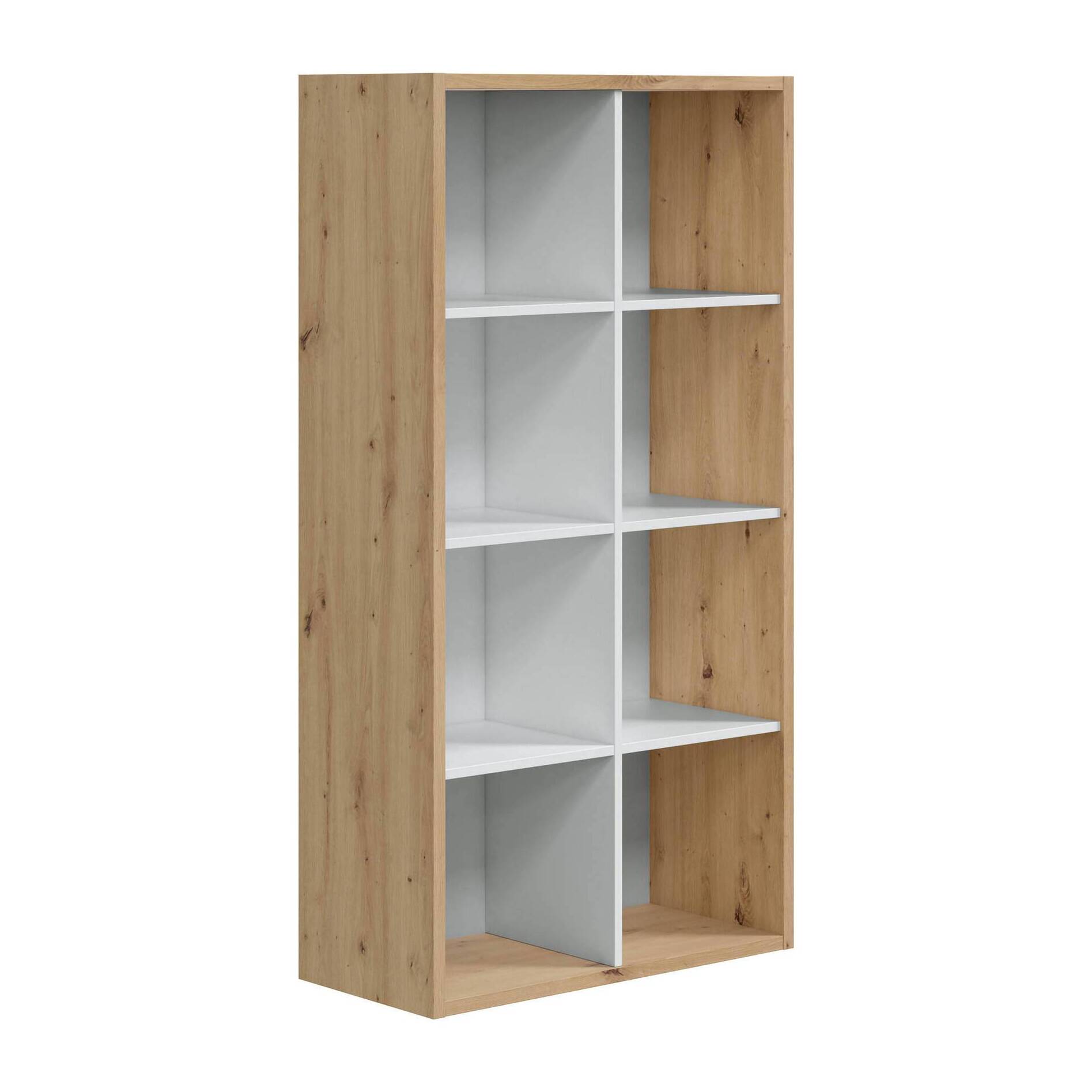 Libreria Sacramento, Mobile portalibri reversibile con 8 scomparti, Mobile Porta tv multiposizione, cm 72x33h137, Rovere effetto nodi e Bianco