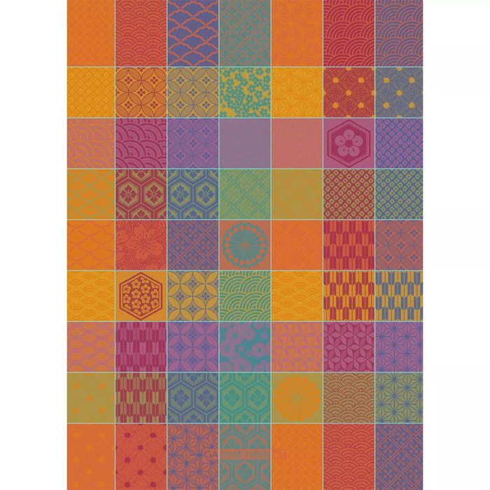 Torchon pur coton motif jacquard orange violet Mille hana floralies