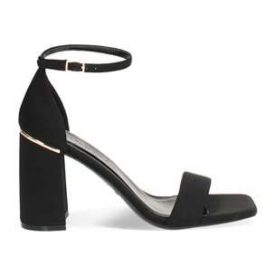 Sandalo donna nero in tessuto, tacco largo 9 cm