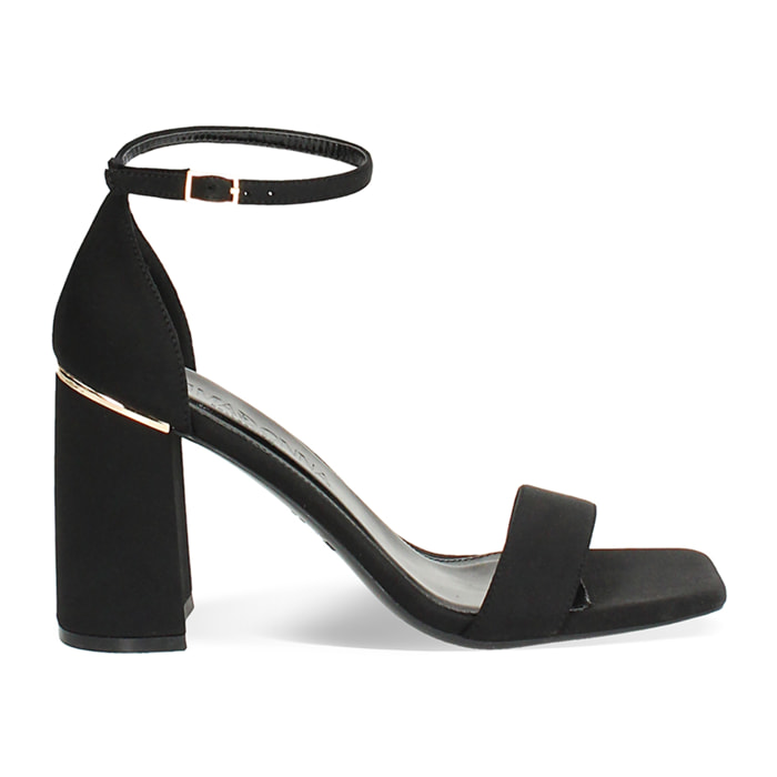 Sandalo donna nero in tessuto, tacco largo 9 cm