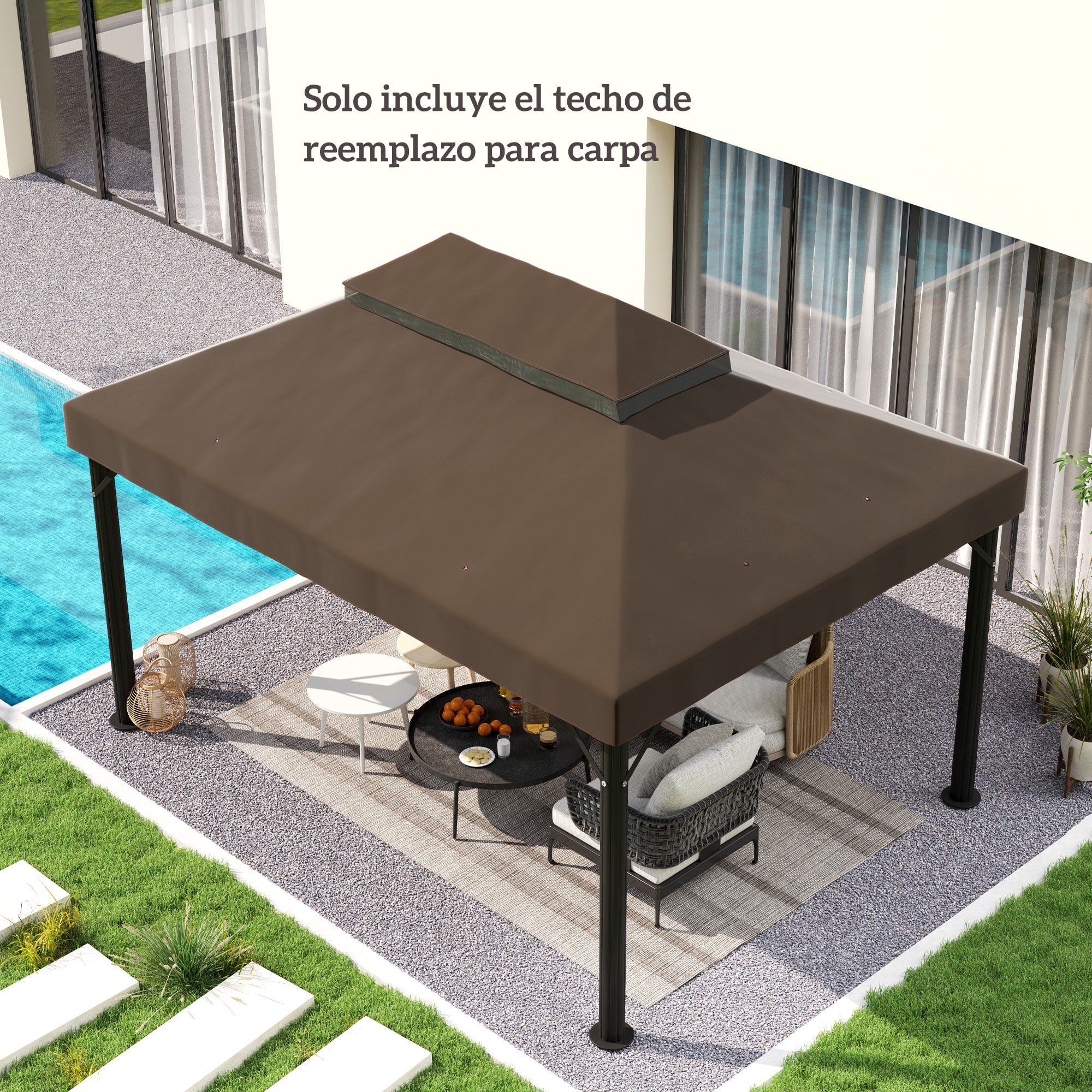 Techo de Repuesto para Cenador 4x3 m Cubierta de Repuesto con Techo Doble con Mosquitera Protección UV 30+ Toldo de Recambio para Pabellón Gazebo Café