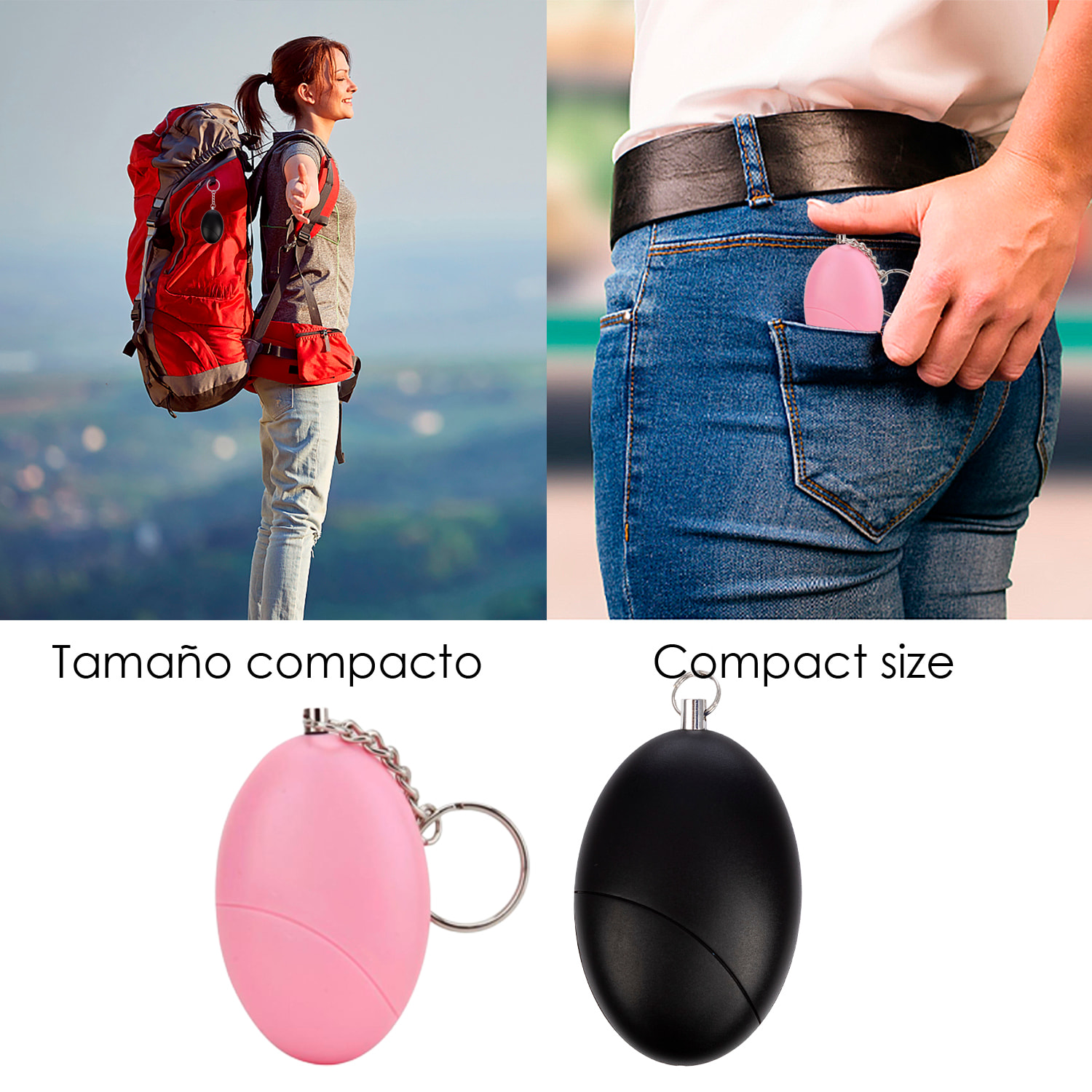 Allarme SOS personale con luce LED brillante e suono di 120dB. Batteria A23 inclusa e attivazione rapida tirando l'anello.