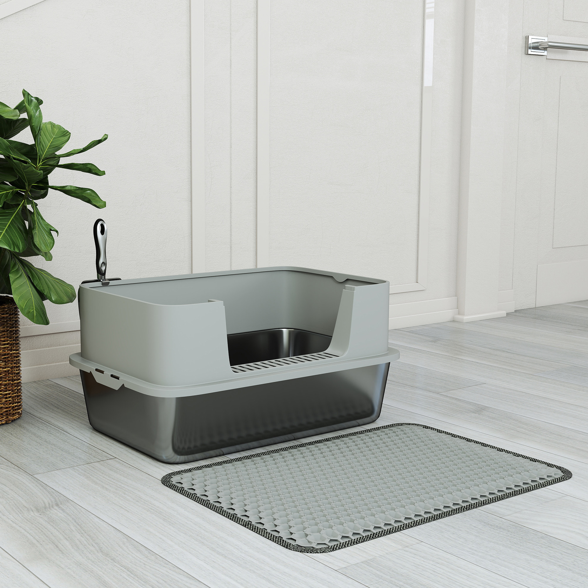 Arenero para Gatos de Acero Inoxidable XL Caja de Arena para Gatos Arenero con Borde Alto Alfombrilla Pala Fácil de Limpiar Prueba de Fugas 60x40x29,5 cm Gris