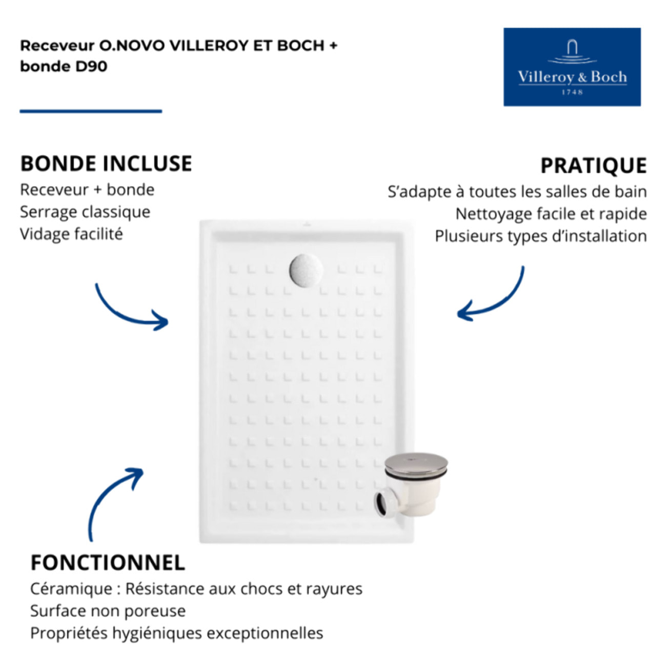Pack receveur O Novo ceramique avec bonde D90