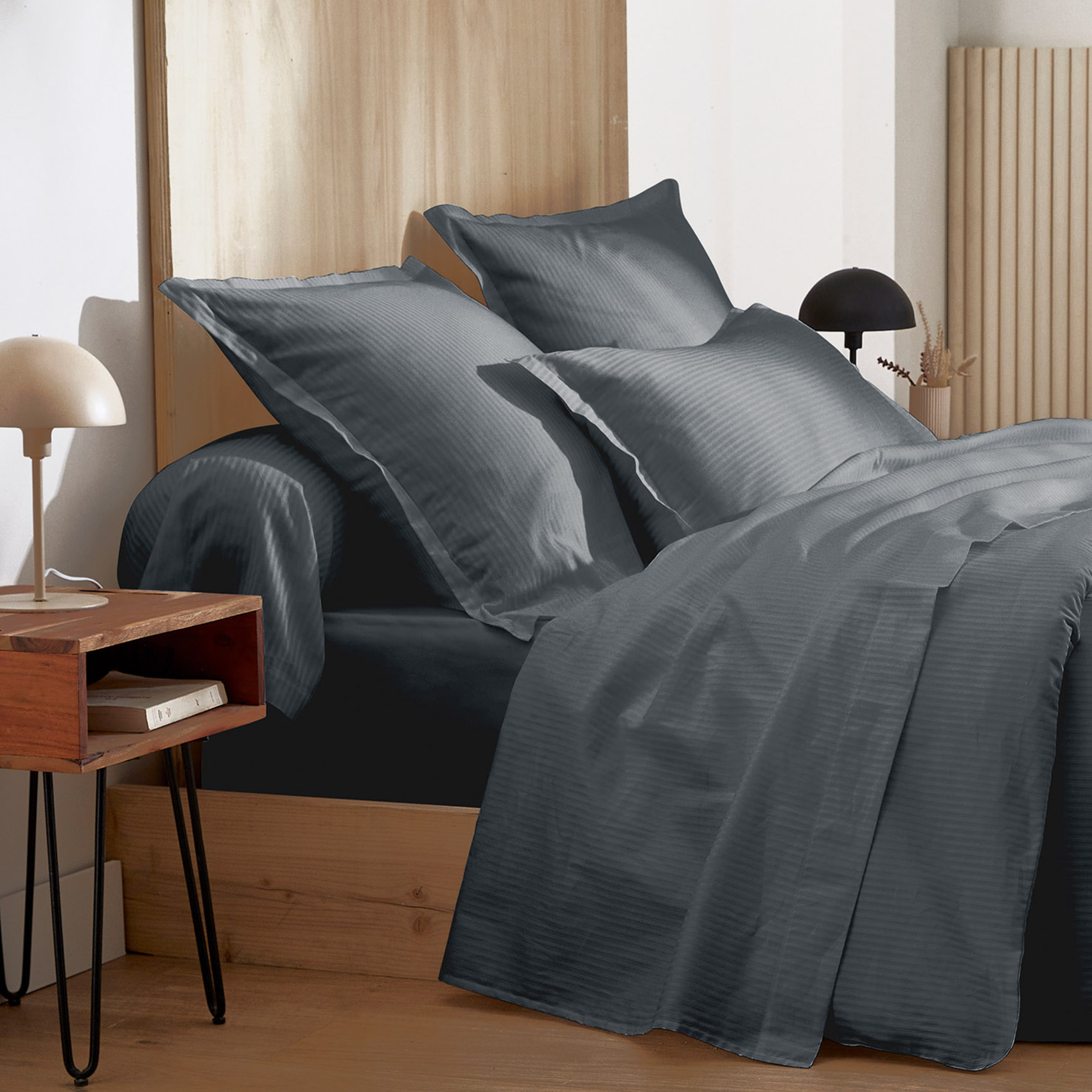 Taie d’oreiller satin de coton rayures ton sur ton - Gris