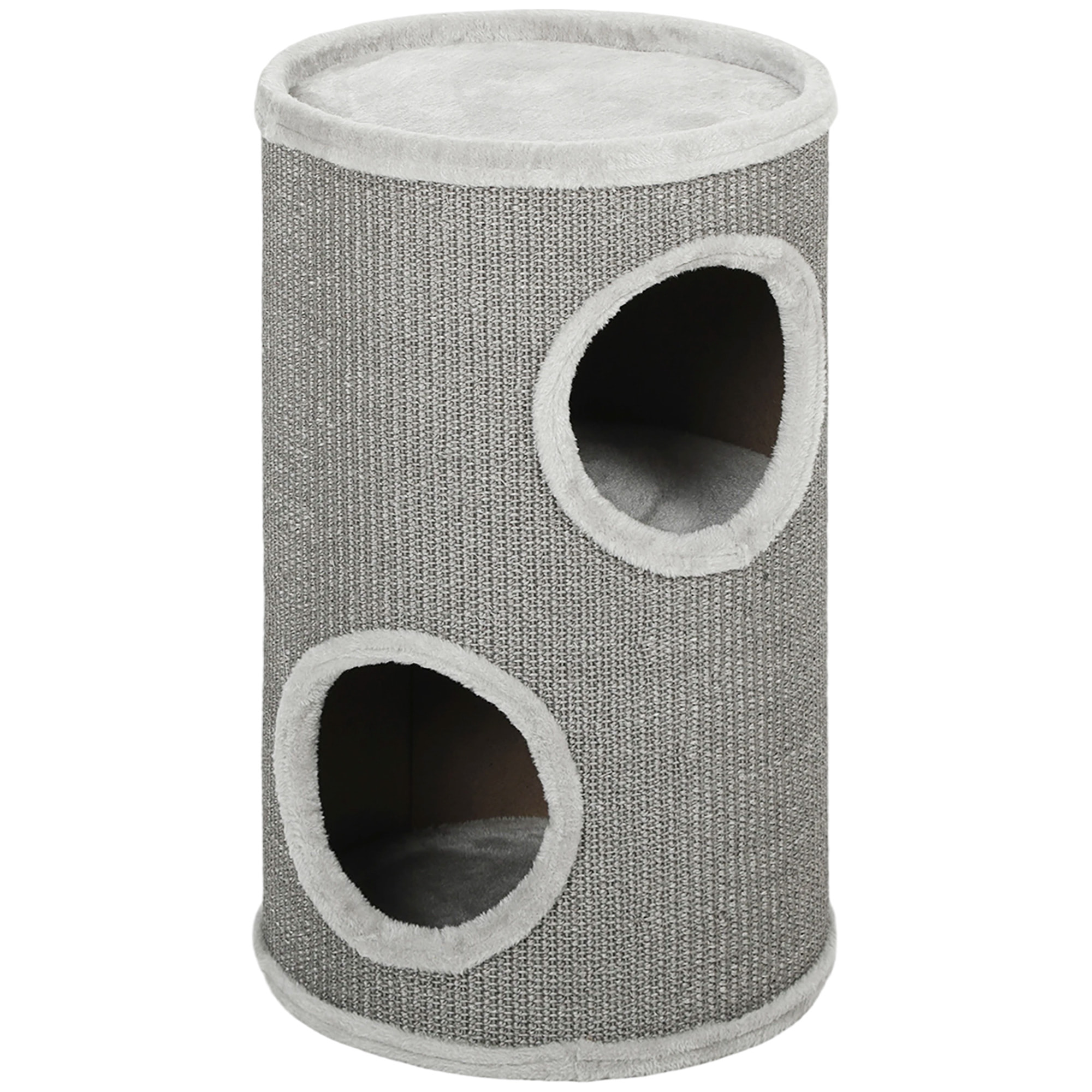 Arbre à chat cylindrique - tour à griffer pour chat - tonneau griffoir - 2 niches + plateforme - sisal peluche gris