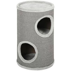 Arbre à chat cylindrique - tour à griffer pour chat - tonneau griffoir - 2 niches + plateforme - sisal peluche gris