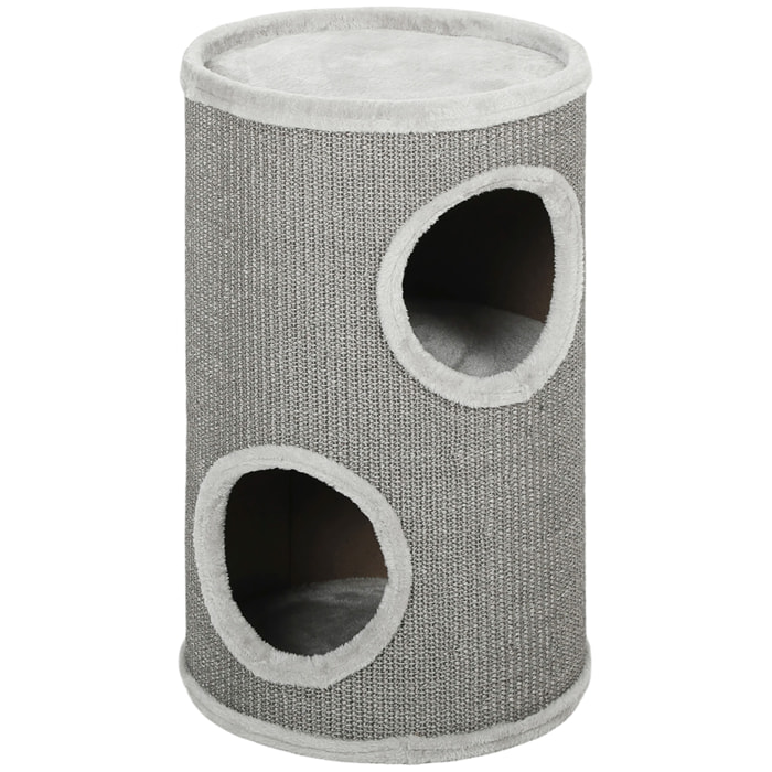 Arbre à chat cylindrique - tour à griffer pour chat - tonneau griffoir - 2 niches + plateforme - sisal peluche gris