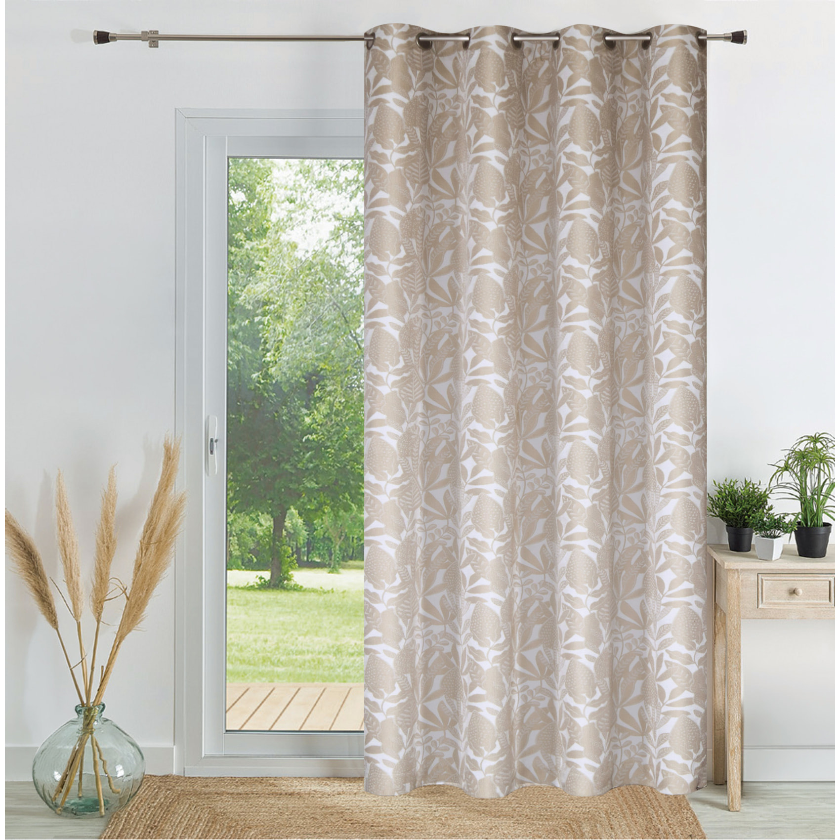 Rideau jacquard chenille à motif feuilles tamisant - Blanc